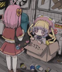 Rule 34 | 2girls, :&lt;, air conditioner, amauri miruki, antenna hair, bag, black bag, blonde hair, blush, box, can, cardboard box, cigarette butt, closed mouth, drink can, facing another, gradient hair, gumita, hair ornament, hanitan, hat, heart, heart hair ornament, highres, in box, in container, long hair, multicolored hair, multiple girls, muted color, outdoors, pink eyes, pink hair, plastic bottle, pleated skirt, pretty series, purple hair, red skirt, road, short hair, shoulder bag, sign, sitting, skirt, soda can, standing, street, thighhighs, translation request, trash, trash can, twintails, utility pole, waccha primagi!, white thighhighs
