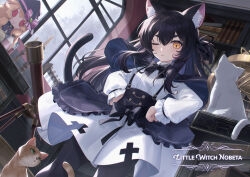 Rule 34 | 1girl, animal ear fluff, animal ears, black bow, black bowtie, black capelet, black hair, black pantyhose, bookshelf, bow, bowtie, capelet, cat, cat ears, cat tail, character doll, collared shirt, high-waist skirt, highres, indoors, phyllis (human) (little witch nobeta), little witch nobeta, long hair, looking at viewer, nobeta, official art, one eye closed, pantyhose, phyllis (human) (little witch nobeta), phyllis (little witch nobeta), shirt, skirt, slit pupils, solo, suspender skirt, suspenders, tail, telescope, thick eyebrows, white cat, white shirt, whitem (whiteemperor2020), window, yellow eyes