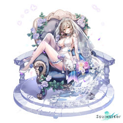 Rule 34 | 1girl, ass, bare shoulders, bouquet, breasts, bridal veil, chair, choker, cleavage, covered navel, dress, flower, full body, green eyes, grey hair, hair between eyes, high heels, highres, holding, knees up, large breasts, lee nabi, long hair, looking at viewer, official art, open mouth, rose, short dress, simple background, sitting sideways, sleeveless, sleeveless dress, solo, soulworker, thighhighs, tiara, veil, wedding dress, white background, white dress, white footwear, white thighhighs