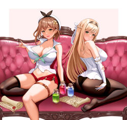 Rule 34 | 2girls, :d, absurdres, atelier (series), atelier ryza, black hairband, black pantyhose, black thighhighs, bottle, braid, breasts, brown eyes, brown hair, cleavage, commentary request, crown braid, earrings, elbow gloves, french braid, gloves, hairband, highres, jewelry, klaudia valentz, large breasts, looking at viewer, micro shorts, multiple girls, open mouth, pantyhose, rakuri (rwrn5475), red shorts, reisalin stout, revision, shirt, short hair, shorts, single thighhigh, sitting, sleeveless, sleeveless shirt, smile, strapless, strapless shirt, thigh strap, thighband pantyhose, thighhighs, thighs, white gloves, white headwear, white shirt