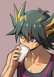 Rule 34 | 1boy, absurdres, black hair, black shirt, black tank top, blue eyes, brown background, collarbone, cup, drinking, facial mark, facial tattoo, fudo yusei, glass, hand up, highres, holding, holding cup, looking to the side, male focus, marking on cheek, milk, multicolored hair, shirt, short hair, simple background, solo, spiked hair, streaked hair, tank top, tattoo, youko-shima, yu-gi-oh!, yu-gi-oh! 5d&#039;s