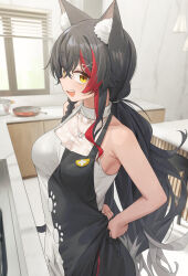 Rule 34 | 1girl, animal ear fluff, animal ears, apron, black hair, braid, cleavage, cowboy shot, hair ornament, highres, hololive, kitchen, large pectorals, long hair, looking at viewer, low ponytail, multicolored hair, official alternate costume, ookami mio, ookami mio (street), paw print, pectorals, red hair, rimori22, see-through, see-through cleavage, shirt, side braid, frying pan, sleeveless, sleeveless shirt, smile, solo, streaked hair, tying apron, virtual youtuber, wide ponytail, window, wolf ears, wolf girl, x hair ornament, yellow eyes