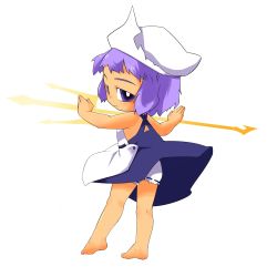 Rule 34 | 1girl, bad id, bad pixiv id, barefoot, bloomers, child, female focus, full body, hat, highres, letty whiterock, ogihara mach, polearm, purple eyes, purple hair, short hair, smile, solo, touhou, trident, underwear, weapon, white background