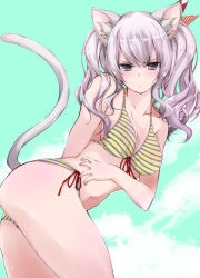 Rule 34 | 1girl, animal ears, bikini, blue eyes, blue sky, breasts, cat ears, cat tail, cleavage, cloud, commentary request, front-tie top, kantai collection, kashima (kancolle), leaning forward, looking at viewer, medium breasts, side-tie bikini bottom, sidelocks, silver hair, sky, solo, standing, striped bikini, striped clothes, swimsuit, tail, twintails, wavy hair, yellow bikini, yumesato makura