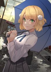Rule 34 | 1girl, absurdres, black skirt, blonde hair, closed mouth, cloud, commentary request, green eyes, hair ornament, harris hero, highres, holding, holding umbrella, indie virtual youtuber, lips, long sleeves, looking at viewer, outdoors, pom pom (clothes), pom pom hair ornament, road, shigure ui (vtuber), shigure ui (vtuber) (1st costume), shirt, short hair, skirt, sky, smile, solo, street, striped clothes, striped skirt, umbrella, vertical-striped clothes, vertical-striped skirt, virtual youtuber, white shirt, yellow sky