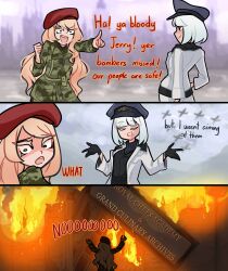 Rule 34 | 2girls, absurdres, aircraft, airplane, burning, burning building, centurii-chan (artist), english text, fire, hat, highres, historical event, looking at another, multiple girls, original, sign, world war ii