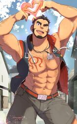Rule 34 | 1boy, abs, alca (wakatanka4), animal ears, bara, belt, black hair, black vest, chest hair, chest tattoo, cloud, day, double finger heart, facial hair, finger heart, grey shorts, gyee, highres, jewelry, large pectorals, lion boy, lion ears, male focus, masapeko, muscular, muscular male, navel, necklace, nipples, one eye closed, open clothes, open mouth, open vest, orange belt, outdoors, pectorals, short hair, shorts, sky, smile, solo, tattoo, twitter username, vest