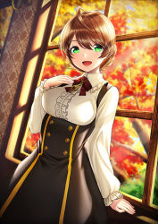 Rule 34 | 1girl, :d, against window, ahoge, arm at side, autumn, black skirt, blush, braid, breasts, brown hair, center frills, commentary request, cowboy shot, day, frilled shirt collar, frilled sleeves, frills, green eyes, hand on own chest, hand up, high-waist skirt, idolmaster, idolmaster million live!, indoors, jewelry, long sleeves, looking at viewer, medium breasts, neck ribbon, necklace, open mouth, pendant, red ribbon, ribbon, sakuramori kaori, shirt, short hair, skirt, smile, solo, suspender skirt, suspenders, swept bangs, treble clef, unowen, white shirt, window