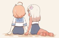 Rule 34 | 10s, 2girls, :o, ahoge, barefoot, blonde hair, brown hair, commentary request, flower, from behind, hair flower, hair ornament, i-58 (kancolle), inishie, kantai collection, long hair, multiple girls, ro-500 (kancolle), school swimsuit, short hair, short sleeves, sitting, swimsuit, swimsuit under clothes, tan, yokozuwari