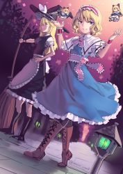 Rule 34 | 4girls, absurdres, alice margatroid, apron, black dress, black headwear, black legwear, blonde hair, blue dress, blue eyes, boa (brianoa), boots, bow, bowtie, broom, brown footwear, capelet, cross-laced footwear, dress, dual persona, dutch angle, fairy, flying, frilled hairband, frilled hat, frills, hair bow, hairband, hand on own hip, hands up, hat, hat bow, highres, holding, holding broom, jewelry, kirisame marisa, long hair, looking at viewer, multiple girls, multiple rings, outdoors, pantyhose, pink neckwear, pink sash, red hairband, ring, sash, shanghai doll, short hair, smile, stone lantern, touhou, tree, twitter username, unfinished, sketch background, waist apron, walking, white apron, white bow, white capelet, witch hat, wristband