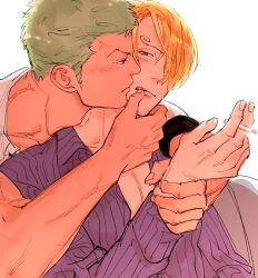 Rule 34 | 2boys, black eyes, brown eyes, cigarette, colored skin, finger to mouth, flustered, green hair, highres, holding, holding another&#039;s wrist, holding cigarette, kzwtr8, male focus, mature male, multiple boys, one piece, pectoral cleavage, pectorals, purple shirt, roronoa zoro, sanji (one piece), shirt, simple background, tan, white background, white shirt, white skin, yaoi