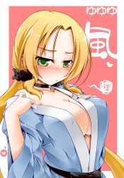 Rule 34 | 10s, 1girl, :/, blonde hair, blush, breast suppress, breasts, choker, cleavage, closed mouth, collarbone, covered erect nipples, female focus, green eyes, hair ornament, hair scrunchie, heart, heart-shaped pupils, hisame genta, inubouzaki fuu, japanese clothes, kimono, long hair, long twintails, low twintails, medium breasts, no bra, nose blush, off shoulder, outside border, parted bangs, red background, scrunchie, simple background, solo, squiggle, standing, sweat, symbol-shaped pupils, thought bubble, twintails, undressing, upper body, wet, yukata, yuuki yuuna wa yuusha de aru, yuusha de aru