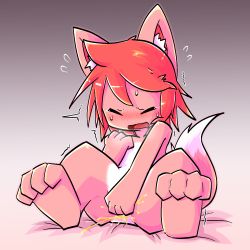 Rule 34 | 1girl, animal ear fluff, animal ears, animal feet, bed sheet, between legs, blush, body fur, breath, closed eyes, covering privates, covering crotch, embarrassed, feet, female focus, flat chest, flying sweatdrops, fox ears, fox girl, fox tail, full body, furry, furry female, gradient background, grey background, hand between legs, hand on own chest, hand up, have to pee, highres, nose blush, open mouth, original, pee, peeing, peeing self, red fur, red hair, riipappa, short hair, sidelocks, simple background, sitting, solo, spread legs, sweat, tail, tears, trembling, two-tone fur, white fur