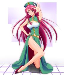 Rule 34 | 1girl, alternate eye color, braid, breasts, chinese clothes, cleavage, hair ribbon, hat, high heels, hong meiling, long hair, looking at viewer, medium breasts, northman, red eyes, red footwear, red hair, ribbon, shoes, sleeveless, smile, solo, star (symbol), touhou, twin braids