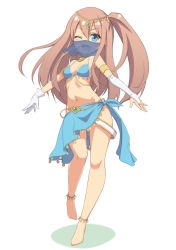 Rule 34 | 1girl, ;d, anklet, arabian clothes, asymmetrical gloves, bare legs, barefoot, belly chain, blue eyes, blush, bracelet, breasts, bridal gauntlets, brown hair, dancer, full body, gloves, harem outfit, jewelry, long hair, looking at viewer, midriff, mismatched gloves, mouth veil, navel, necklace, one eye closed, one side up, open mouth, original, sasaame, side ponytail, simple background, single glove, single gloves, small breasts, smile, solo, veil, white background, wink