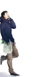 Rule 34 | 1boy, bag, black footwear, black hair, blue jacket, breath, brown pants, cellphone, drawstring, food, from side, grey background, holding, holding bag, holding phone, hood, hooded jacket, jacket, leg up, male focus, mito youhei, moonjjj, open mouth, pants, phone, plastic bag, shoes, short hair, simple background, slam dunk (series), sneakers, solo, standing, standing on one leg, talking on phone, teeth, vegetable