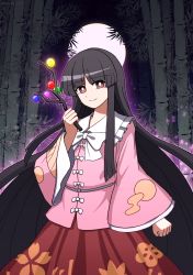 Rule 34 | 1girl, arm up, aura, bamboo, bamboo forest, bamboo print, black hair, blunt bangs, branch, brown eyes, commentary request, cropped legs, forest, frilled shirt collar, frills, full moon, highres, hime cut, hoshii 1213, houraisan kaguya, japanese clothes, jeweled branch of hourai, leaf print, long hair, long sleeves, looking at viewer, moon, nature, night, pink shirt, red skirt, ribbon, shirt, skirt, solo, touhou, white neckwear, white ribbon