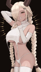 Rule 34 | 1girl, absurdres, alternate costume, arm behind head, azur lane, bare shoulders, black background, blonde hair, braid, breasts, brown horns, commentary, cowboy shot, danz, detached sleeves, earrings, english commentary, finger to mouth, from side, hair ornament, hair over one eye, hairclip, highres, horns, jewelry, large breasts, large horns, long hair, long sleeves, looking at viewer, meme attire, navel, owari (azur lane), panties, revealing clothes, simple background, solo, thighhighs, twin braids, underwear, very long hair, virgin destroyer sweater, white panties, white thighhighs