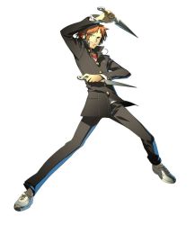 Rule 34 | 1boy, arc system works, atlus, dual wielding, fighting stance, hanamura yousuke, headphones, highres, holding, kunai, male focus, official art, persona, persona 4, persona 4: the ultimate in mayonaka arena, red hair, school uniform, soejima shigenori, solo, weapon