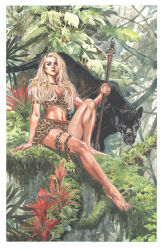 Rule 34 | 1girl, absurdres, animal, animal print, barefoot, bitzui, black fur, blonde hair, blue eyes, border, clothing request, highres, holding, holding polearm, holding weapon, jaguar, jungle, leopard print, long hair, looking at viewer, midriff, nature, navel, outdoors, plant, polearm, sheena queen of the jungle, sheena rivington, sitting, spear, weapon, white border