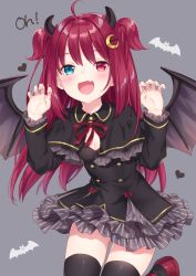 Rule 34 | 1girl, :d, ahoge, black dress, black thighhighs, blue eyes, breasts, capelet, claw pose, cleavage, crescent, crescent hair ornament, demon girl, demon horns, demon wings, dress, fang, frills, grey background, hair ornament, hands up, heart, heterochromia, highres, horns, jimmy madomagi, leg up, long hair, long sleeves, looking at viewer, nijisanji, open mouth, red eyes, red footwear, red hair, shoes, small breasts, smile, solo, thighhighs, two side up, virtual youtuber, wing collar, wings, yuzuki roa, zettai ryouiki
