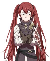 Rule 34 | 1girl, belt, crossed arms, fire emblem, fire emblem fates, long hair, nintendo, official art, red hair, selena (fire emblem fates), severa (fire emblem), shield, simple background, solo, twintails, very long hair