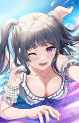 Rule 34 | 1girl, alternate hairstyle, bang dream!, bikini, black hair, blush, breasts, cleavage, downblouse, highres, large breasts, long hair, looking at viewer, mi nya to, one eye closed, open mouth, plaid, plaid swimsuit, purple eyes, revision, shirokane rinko, sidelocks, solo, swimsuit, twintails