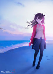 Rule 34 | 1girl, bad id, bad pixiv id, beach, blue eyes, brown hair, collar, command spell, contrapposto, fate/stay night, fate (series), footprints, highres, jacket, long hair, looking at viewer, magicians (zhkahogigzkh), pantyhose, skirt, solo, standing, tohsaka rin, twintails, two side up, vest, walking