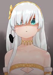 Rule 34 | 1girl, anastasia (fate), aqua eyes, bare shoulders, breasts, cleavage, cleavage cutout, clothing cutout, dress, eyebrows hidden by hair, fate/grand order, fate (series), glowing, glowing eyes, grey background, hair over one eye, hairband, highres, i.u.y, long hair, looking at viewer, medium breasts, parted lips, shaded face, silver hair, solo, strapless, strapless dress, sweat, translation request, upper body, white dress, yellow hairband