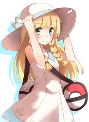 Rule 34 | bad id, bad pixiv id, bag, bare arms, blonde hair, blunt bangs, blush, braid, collared dress, commentary request, creatures (company), dress, duffel bag, game freak, green eyes, hat, highres, holding, holding clothes, holding hat, kapatarou, lillie (pokemon), nintendo, poke ball theme, pokemon, pokemon sm, sleeveless, sleeveless dress, smile, sun hat, sundress, twin braids, white dress, white hat
