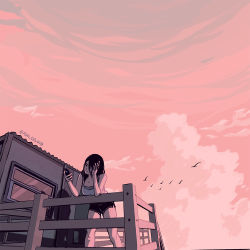 Rule 34 | 1girl, against railing, ashleyloob, bird, black hair, building, cloud, corrugated galvanized iron sheet, hair over eyes, hair over one eye, hand in own hair, hand on own head, holding, holding phone, md5 mismatch, one eye covered, original, phone, pink sky, railing, resolution mismatch, shadow, shorts, sky, solo, source larger, tank top, twitter username, window