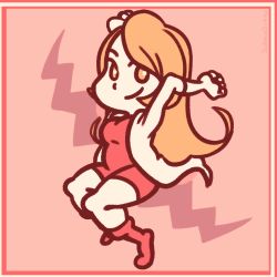 Rule 34 | 1girl, chibi, clenched hands, coat, dress, dubiousdummy, jumping, long hair, looking at viewer, mona (warioware), smile, solo, warioware