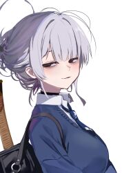 Rule 34 | 1girl, absurdres, ayo rimaisu, bag, bags under eyes, black choker, black eyes, blazer, blue jacket, blue necktie, choker, collared shirt, from side, grey hair, halo, highres, itokonoue kaoru, jacket, light smile, looking at viewer, looking to the side, necktie, project kv, school bag, school uniform, shirt, solo, sword, upper body, weapon, white background, white shirt