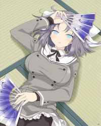 Rule 34 | 1girl, black pantyhose, blue eyes, bow, bowtie, breasts, female focus, grey hair, hair ribbon, hand on own head, highres, large breasts, looking at viewer, lying, lying on ground, miniskirt, nail, on back, open mouth, pantyhose, ribbon, school uniform, senran kagura, short hair, skirt, solo, tatami, thick thighs, thighs, uniform, yumi (senran kagura)