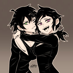Rule 34 | 2girls, andrew graves (the coffin of andy and leyley), ashley graves, black hair, black shirt, breasts, collar, cropped torso, genderswap, genderswap (mtf), green eyes, highres, holding, holding knife, hug, knife, looking at viewer, multiple girls, one eye closed, pink eyes, ponytail, shirt, short hair, sytokun, teeth, the coffin of andy and leyley, tongue, tongue out, twitter username