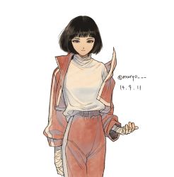 Rule 34 | 1girl, arm at side, arm wrap, bandages, beckoning, black eyes, black hair, blunt bangs, bob cut, closed mouth, cowboy shot, dated, frown, jacket, long sleeves, looking at viewer, muryo, off shoulder, open clothes, open jacket, original, pants, red jacket, red pants, shirt, short hair, simple background, solo, track suit, turtleneck, twitter username, white background, white shirt