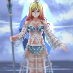 Rule 34 | 1girl, bare shoulders, blonde hair, blurry, breasts, cleavage, crystal, dissidia final fantasy, dissidia final fantasy nt, dissidia final fantasy opera omnia, dress, final fantasy, gears, gradient eyes, gradient hair, hat, highres, holding, holding scepter, large breasts, lips, long dress, long hair, looking at viewer, materia (dissidia), multicolored eyes, multicolored hair, navel, ray co99, red hair, red lips, revealing clothes, scepter, side ponytail, solo, twitter username, two-tone hair, upper body, weapon, white dress