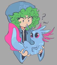 Rule 34 | 1other, ?, androgynous, azrielfiend, black shirt, blue jacket, character request, commentary, crossover, curly hair, english commentary, english text, green hair, highres, holding, hood, hood up, hooded jacket, jacket, len&#039;en, long sleeves, medium hair, no sclera, open clothes, open jacket, open mouth, other focus, rain world, shirt, shitodo aoji, simple background, upper body