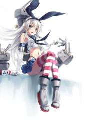 Rule 34 | &gt; &lt;, 10s, 1girl, :3, anchor, animal ears, bad id, bad pixiv id, bare shoulders, black panties, blush stickers, boots, cannon, closed eyes, crop top, crop top overhang, elbow gloves, fake animal ears, gloves, green eyes, grey eyes, grey footwear, hair ornament, hair ribbon, highres, kantai collection, kzhu, midriff, miniskirt, navel, neckerchief, open mouth, panties, pantyshot, personification, rabbit ears, rensouhou-chan, revision, ribbon, school uniform, serafuku, shimakaze (kancolle), silver hair, sitting, skirt, smile, socks, striped clothes, striped thighhighs, thighhighs, underwear, upskirt, white gloves, zettai ryouiki, | |