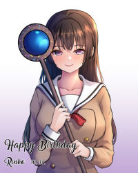 Rule 34 | 1girl, bang dream!, black hair, blush, breasts, brown dress, character name, closed mouth, collarbone, crying, crying with eyes open, dated, dress, gradient background, hanasakigawa school uniform, happy birthday, happy tears, highres, holding, holding staff, holding wand, large breasts, long hair, long sleeves, looking at viewer, neckerchief, ptal, purple eyes, red neckerchief, sailor collar, school uniform, shiny skin, shirokane rinko, sidelocks, smile, solo, staff, standing, tears, upper body, wand, white background