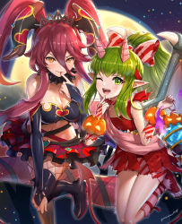 2girls, artist name, bare shoulders, bat, black choker, blush, breasts, choker, cleavage, closed mouth, crossover, demon horns, dragalia lost, dragon, dragon girl, dragon horns, dragon tail, dragon wings, fake horns, fang, female focus, fire emblem, fire emblem: mystery of the emblem, fire emblem heroes, fur choker, gonzarez, green eyes, green hair, halloween, halloween costume, heart, highres, holding, horns, large breasts, long hair, matching hair/eyes, moon, multiple girls, mym (dragalia lost), night, night sky, nintendo, one eye closed, orange eyes, pointy ears, ponytail, red hair, sky, smile, spread skirt, tail, tiara, tiki (fire emblem), twintails, wings