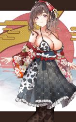 Rule 34 | 1girl, 2021, absurdres, animal print, apron, bikini, bikini top only, bow, brown hair, chinese zodiac, commentary request, cow print, floral print, frilled skirt, frills, hair bow, happy new year, highres, idolmaster, idolmaster shiny colors, japanese clothes, kimono, long hair, looking at viewer, new year, obi, open clothes, open kimono, paid reward available, pekoni (peconi), pleated skirt, print bikini, purple eyes, sash, skirt, smile, solo, swimsuit, tsukioka kogane, waist apron, wide sleeves, year of the ox
