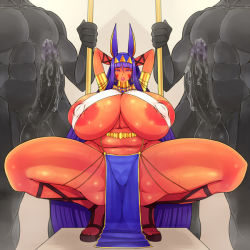 Rule 34 | 1girl, 2boys, animal ears, arms behind head, breasts, censored, covered erect nipples, dark skin, erection, fate/grand order, fate (series), huge areolae, huge breasts, huge penis, large areolae, legs, loincloth, long hair, multiple boys, muscular, nipples, nitocris (fate), penis, plump, purple eyes, purple hair, spread legs, squatting, testicles, thick thighs, thighs, tokyokyoto, veins, veiny penis, very long hair