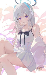 Rule 34 | 1girl, absurdres, alternate costume, bare shoulders, blue archive, blush, breasts, cleavage, commentary request, dress, feet out of frame, floral background, halo, headgear, highres, jacket, korean commentary, large breasts, long hair, looking at viewer, mechanical halo, moshiwa (indigollite), noa (blue archive), off shoulder, open clothes, open jacket, purple eyes, short dress, smile, solo, white background, white dress, white hair, white jacket