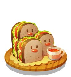 Rule 34 | artist request, bread, cheese, creatures (company), cup, drink, dugtrio, food, food focus, game freak, gen 1 pokemon, lettuce, nintendo, no humans, official art, pokemon, pokemon (creature), pokemon cafe remix, sandwich, simple background, solo, tea, teacup, tomato, transparent background, tray