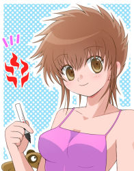 Rule 34 | 1girl, blue background, blush, border, breasts, brown eyes, brown hair, honoo no toukyuuji: dodge danpei, ichigeki haruka, looking at viewer, marker, mature female, one-piece swimsuit, outline, pink one-piece swimsuit, polka dot, polka dot background, short hair, small breasts, smile, solo, swimsuit, tanuki, two-tone background, upper body, white background, white border, white outline