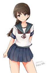 Rule 34 | 1girl, blue skirt, braid, brown eyes, brown hair, brown neckerchief, celestea tera, cowboy shot, dated, highres, kantai collection, long hair, looking at viewer, neckerchief, one-hour drawing challenge, pleated skirt, red ribbon, ribbon, school uniform, serafuku, simple background, single braid, skirt, smile, solo, twitter username, uranami (kancolle), white background