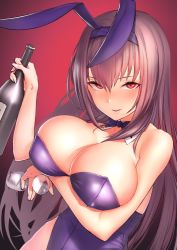Rule 34 | 1girl, animal ears, arm under breasts, bare shoulders, blush, bottle, bow, breasts, bunny day, cleavage, cup, detached collar, drinking glass, fake animal ears, fate/grand order, fate (series), highres, itaco, large breasts, leotard, long hair, looking at viewer, official alternate costume, parted lips, playboy bunny, purple hair, rabbit ears, red background, red eyes, scathach (fate), scathach (piercing bunny) (fate), smile, solo, wine bottle, wine glass, wrist cuffs