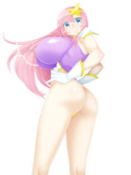 Rule 34 | 1girl, artist request, ass, blue eyes, breasts, gloves, gundam, gundam seed, gundam seed destiny, hair ornament, highleg, huge breasts, leotard, long hair, looking at viewer, meer campbell, pink hair, shiny clothes, shiny skin, smile, solo, star (symbol), star hair ornament, thong leotard, very long hair