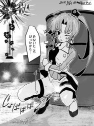 Rule 34 | 10s, 1girl, 2019, akitsushima (kancolle), black footwear, blush, breasts, censored, clothes lift, cloud, dated, drum (container), hat, kantai collection, bridal garter, long hair, long sleeves, march, medium breasts, monochrome, musou bw, panties, panty pull, parted lips, peeing, ponytail, puddle, shirt, shoes, skirt, skirt lift, sky, squatting, steam, sweat, teeth, thighhighs, underwear